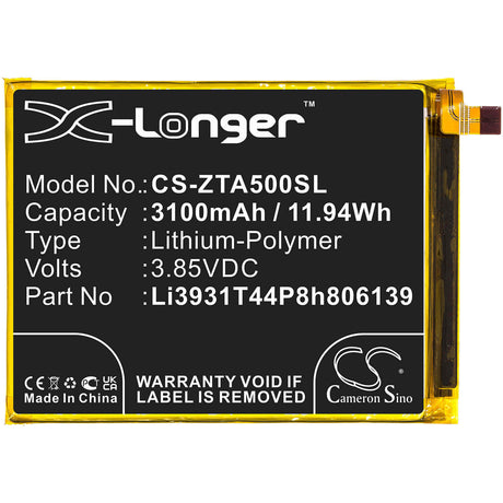 3.85V, Li-Polymer, 3100mAh, SmartPhone battery fits Zte, Li3931t44p8h806139, Blade A5 2020, Blade A51 2020, 11.94Wh Mobile, SmartPhone Cameron Sino Technology Limited (Smartphone)
