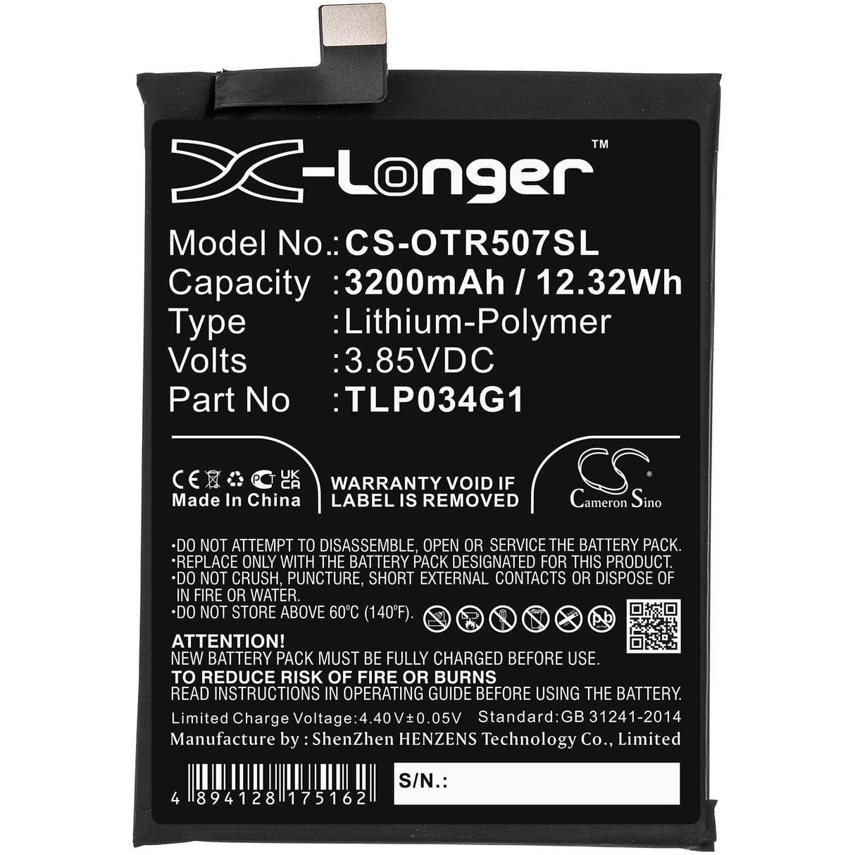 3.85V, Li-Polymer, 3200mAh, SmartPhone battery fits Alcatel, Tlp034g1, Ot-5007s, 12.32Wh Mobile, SmartPhone Cameron Sino Technology Limited (Smartphone)