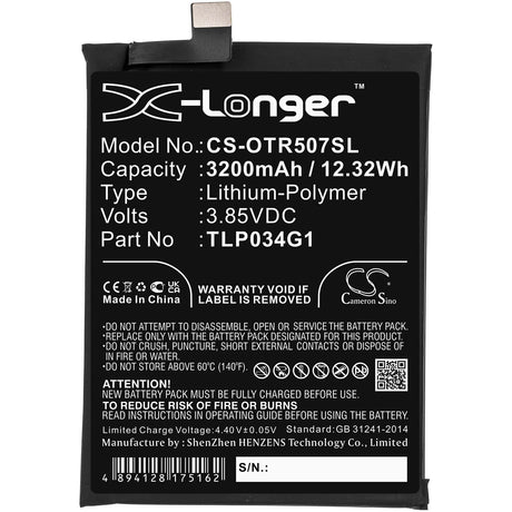 3.85V, Li-Polymer, 3200mAh, SmartPhone battery fits Alcatel, Tlp034g1, Ot-5007s, 12.32Wh Mobile, SmartPhone Cameron Sino Technology Limited (Smartphone)