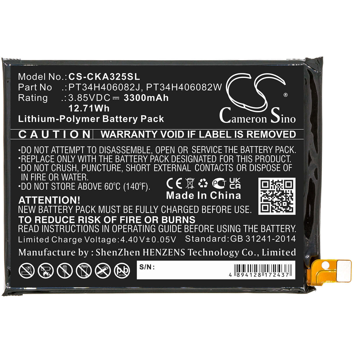 3.85V, Li-Polymer, 3300mAh, SmartPhone battery fits Blu, Cricket, Wiko, Pt34h406082j, B140dl, View 3, 12.71Wh Mobile, SmartPhone Cameron Sino Technology Limited (Smartphone)
