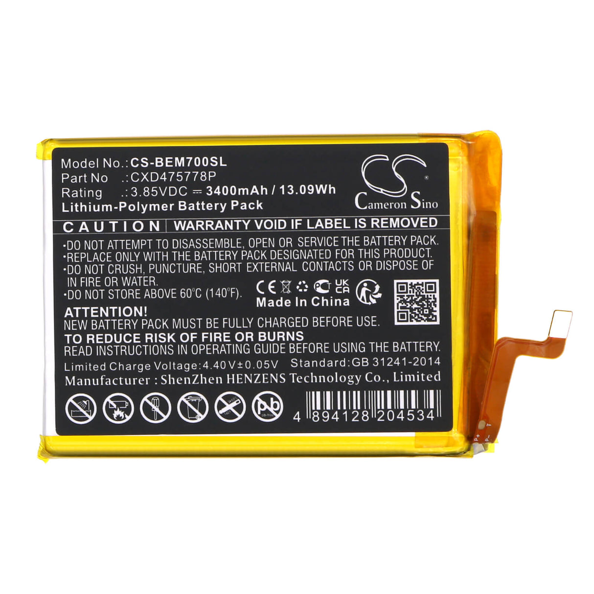 3.85V, Li-Polymer, 3400mAh, SmartPhone battery fits Bea-fon, Cxd475778p, M7 Lite Premium, M7 Premium, 13.09Wh Mobile, SmartPhone Cameron Sino Technology Limited (Smartphone)