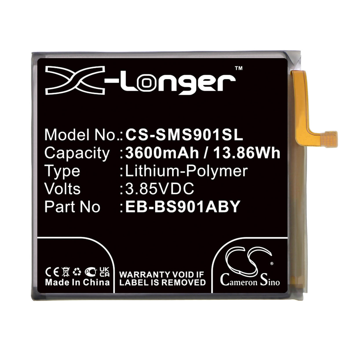 3.85V, Li-Polymer, 3600mAh, SmartPhone battery fits Samsung, Eb-bs901aby, Galaxy S22 5g, Sm-s9010, 13.86Wh Mobile, SmartPhone Cameron Sino Technology Limited (Smartphone)