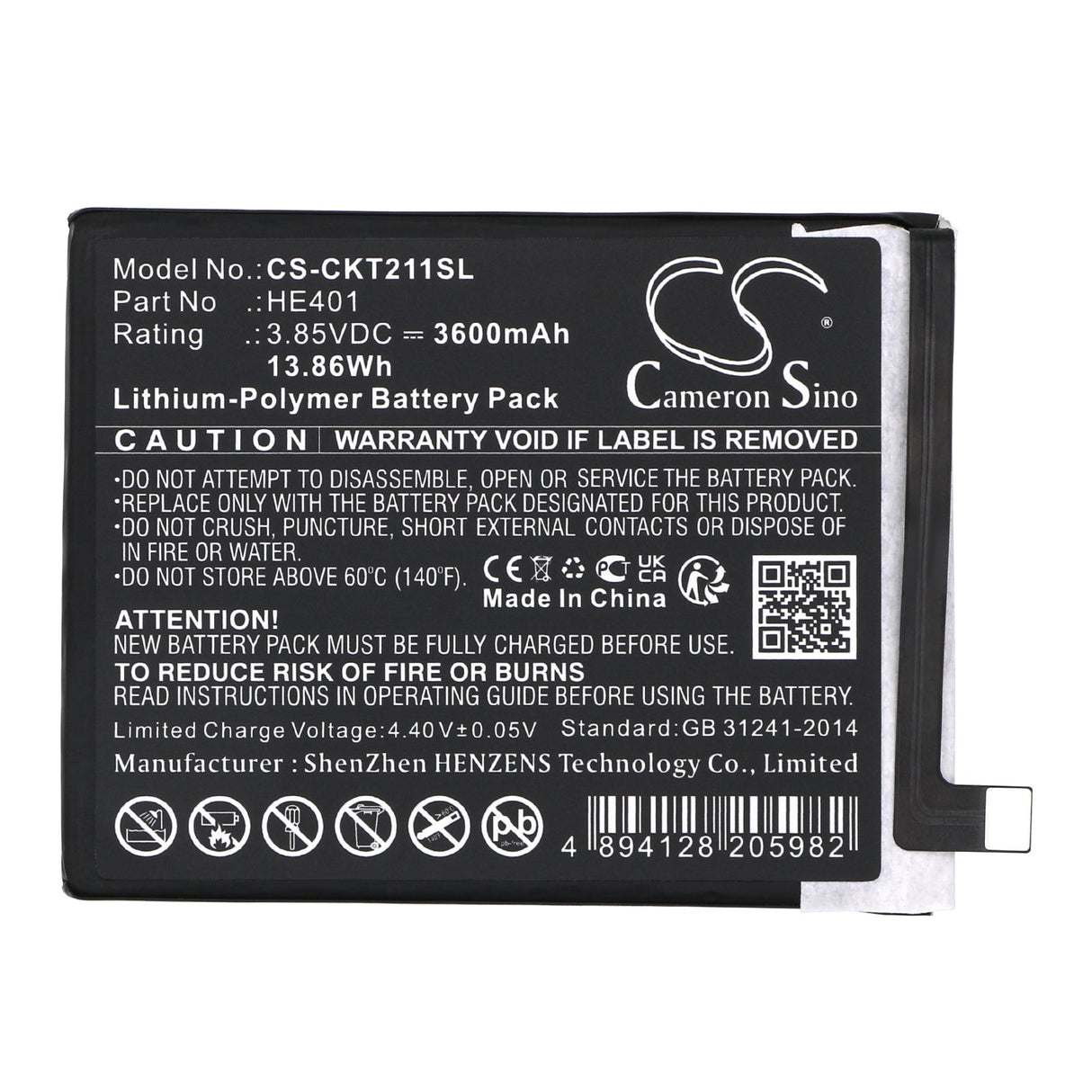 3.85V, Li-Polymer, 3600mAh, SmartPhone battery fits Cricket, He401, Ec211002, Ec211003, 13.86Wh Mobile, SmartPhone Cameron Sino Technology Limited (Smartphone)