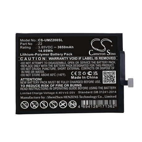 3.85V, Li-Polymer, 3650mAh, SmartPhone battery fits Umi, Z2, Umidigi Z2, 14.05Wh Mobile, SmartPhone Cameron Sino Technology Limited (Smartphone)