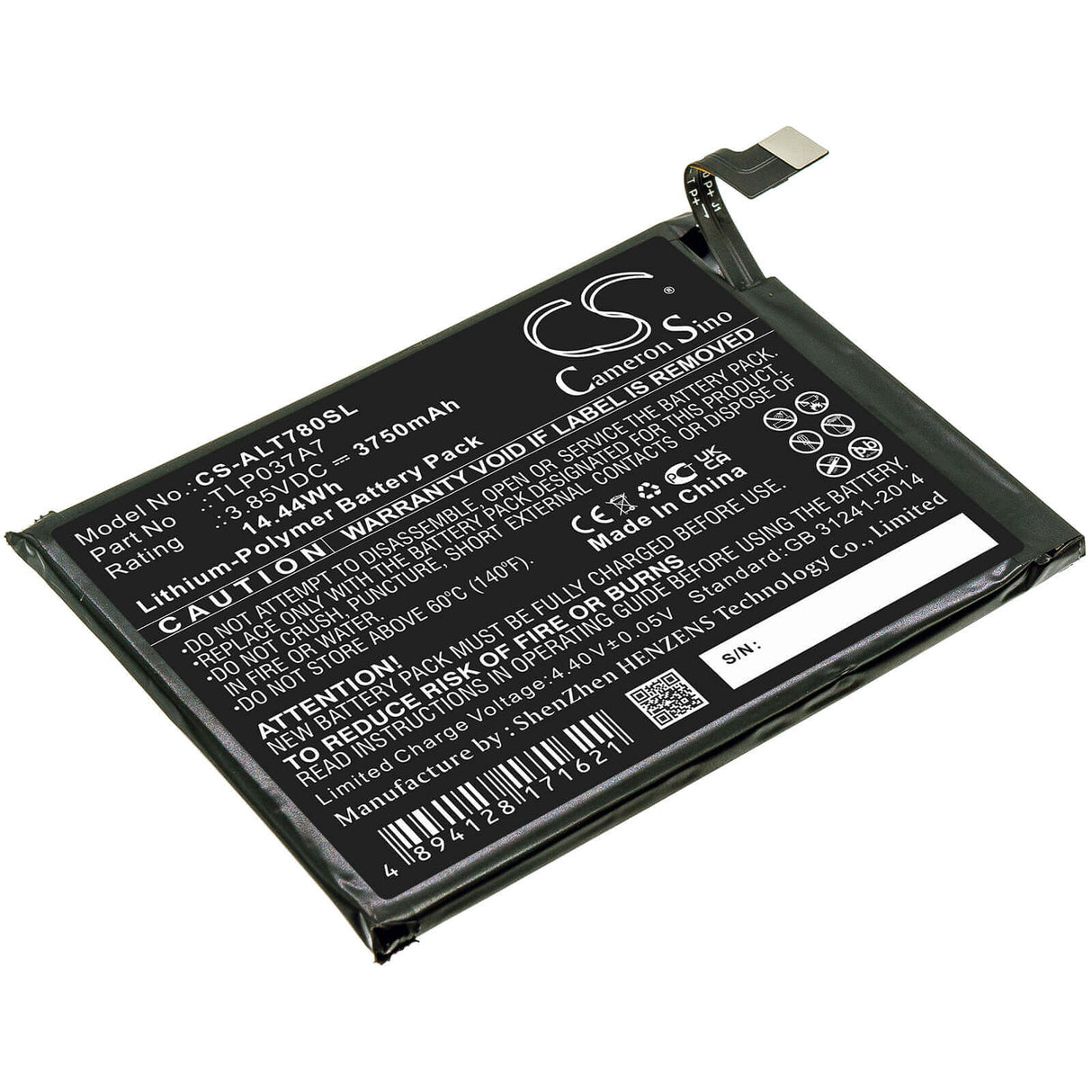 3.85V, Li-Polymer, 3750mAh, SmartPhone battery fits Alcatel, Tlp037a7, Plex, T780h, 14.44Wh Mobile, SmartPhone Cameron Sino Technology Limited (Smartphone)