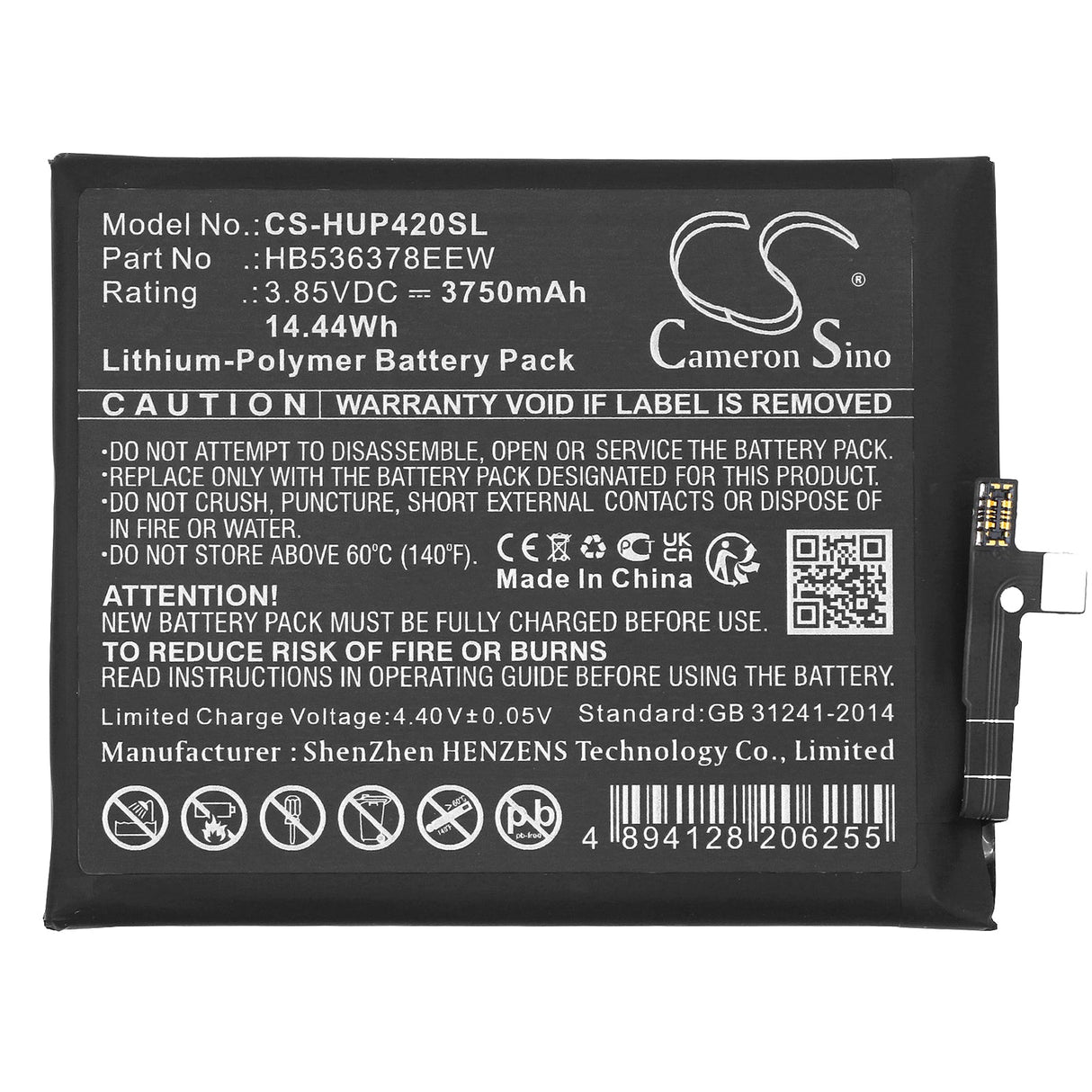 3.85V, Li-Polymer, 3750mAh, SmartPhone battery fits Huawei, Hb536378eew, Els-n09, Els-nx9, 14.44Wh Mobile, SmartPhone Cameron Sino Technology Limited (Smartphone)
