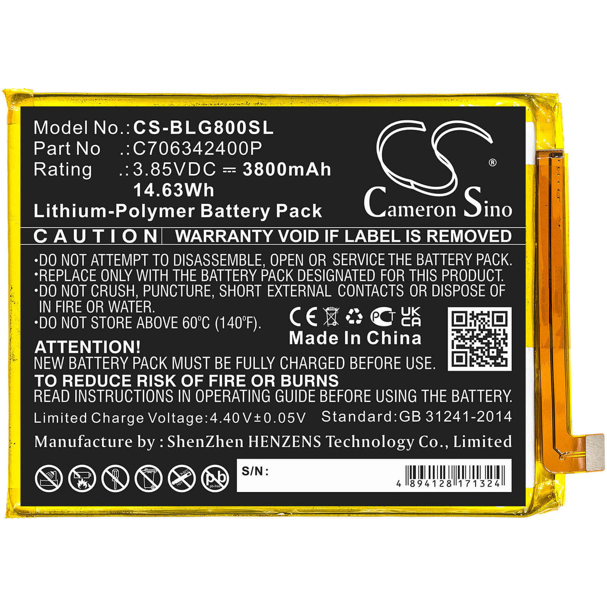 3.85V, Li-Polymer, 3800mAh, SmartPhone battery fits Blu, C706342400p, G0290ww, G80, 14.63Wh Mobile, SmartPhone Cameron Sino Technology Limited (Smartphone)