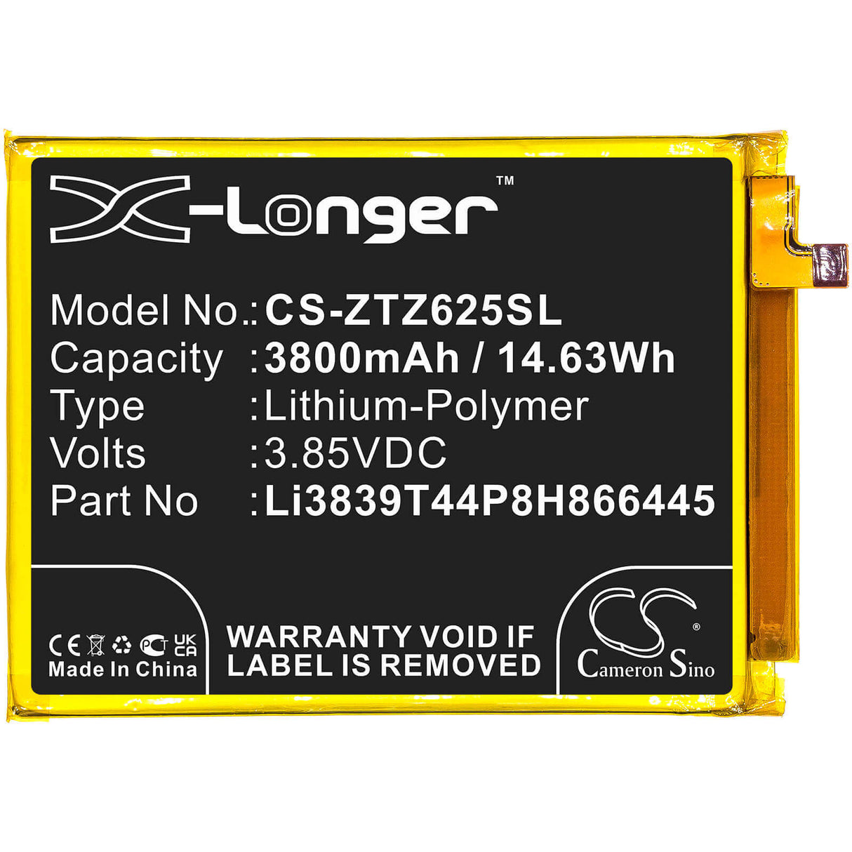 3.85V, Li-Polymer, 3800mAh, SmartPhone battery fits Zte, Li3839t44p8h866445, Blade 11 Prime 2020, Z6251vs, 14.63Wh Mobile, SmartPhone Cameron Sino Technology Limited (Smartphone)