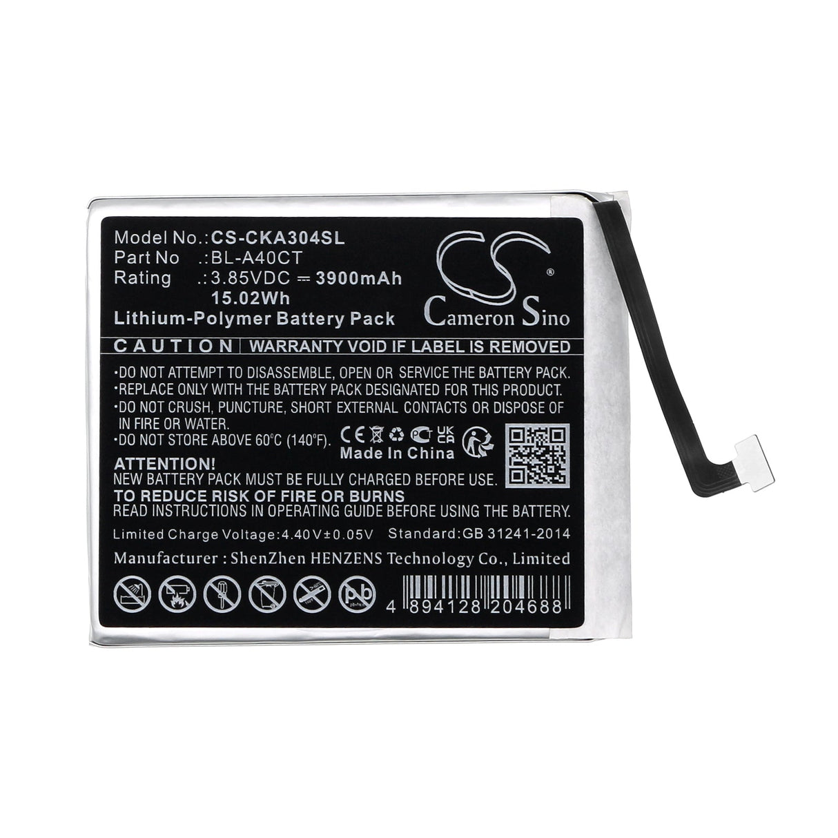 3.85V, Li-Polymer, 3900mAh, SmartPhone battery fits Cricket, Bl-a40ct, Innovate E 5g, Sn304ae, 15.02Wh Mobile, SmartPhone Cameron Sino Technology Limited (Smartphone)