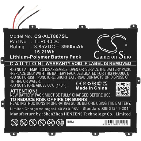 3.85V, Li-Polymer, 3950mAh, Tablet battery fits Alcatel, Tlp040dc, One Touch Pixi 3 8, Ot-8070, 15.21Wh Tablet Cameron Sino Technology Limited (Suspended)