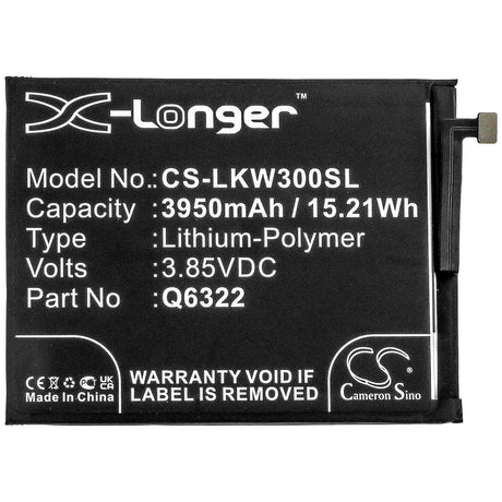 3.85V, Li-Polymer, 3950mAh, SmartPhone battery fits Lg, Q6322, W30, 15.21Wh Mobile, SmartPhone Cameron Sino Technology Limited (Smartphone)