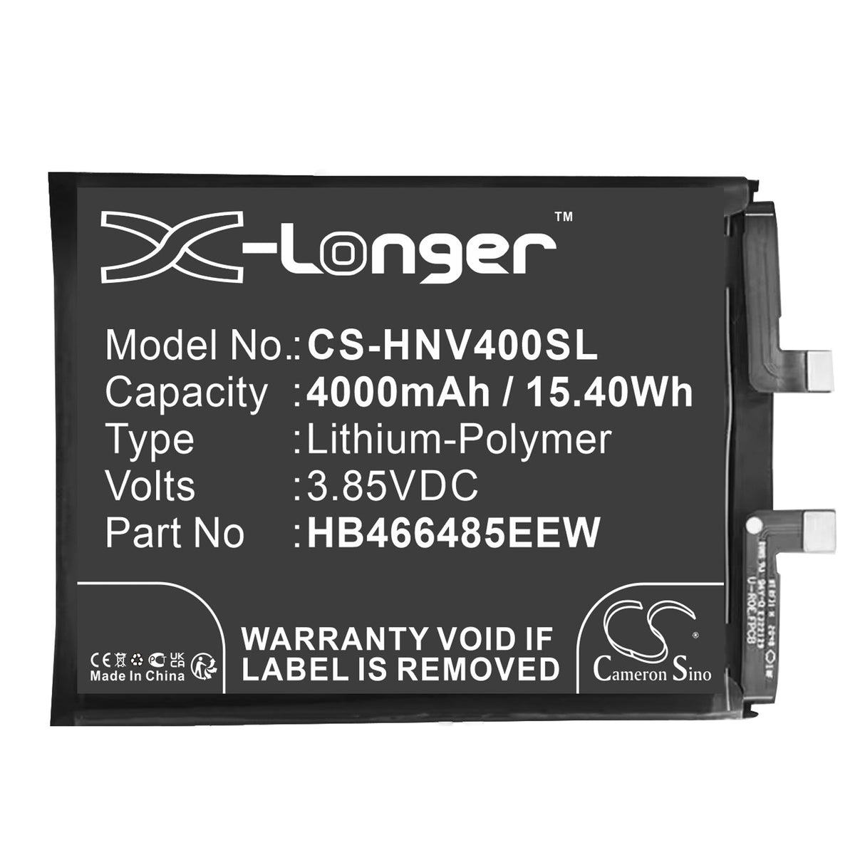 3.85V, Li-Polymer, 4000mAh, SmartPhone battery fits Honor, Huawei, Hb466485eew, View 40, 15.4Wh Mobile, SmartPhone Cameron Sino Technology Limited (Smartphone)