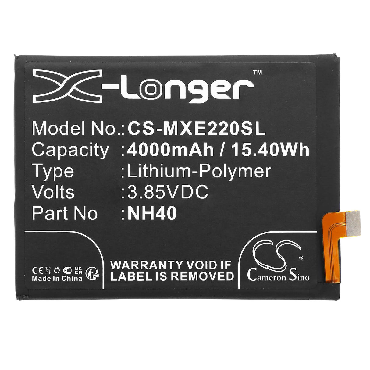 3.85V, Li-Polymer, 4000mAh, SmartPhone battery fits Motorola, Nh40, Moto E22, Moto E22 2022, 15.4Wh Mobile, SmartPhone Cameron Sino Technology Limited (Smartphone)