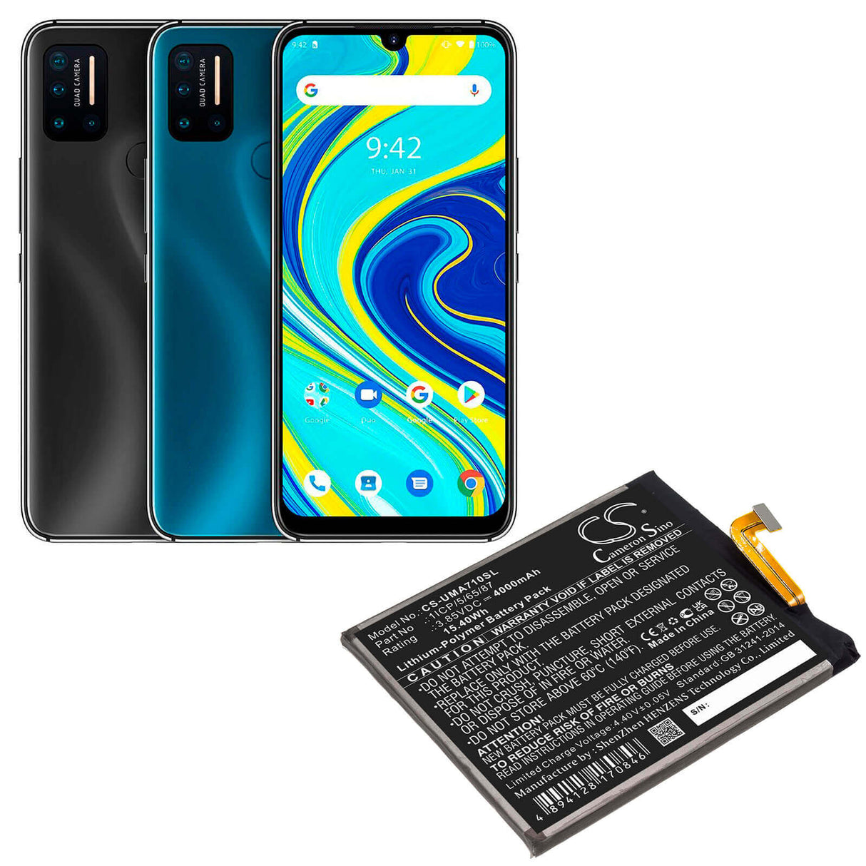 3.85V, Li-Polymer, 4000mAh, SmartPhone battery fits Umi, 1icp/5/65/87, Umidigi A7 Pro, 15.4Wh Mobile, SmartPhone Cameron Sino Technology Limited (Smartphone)