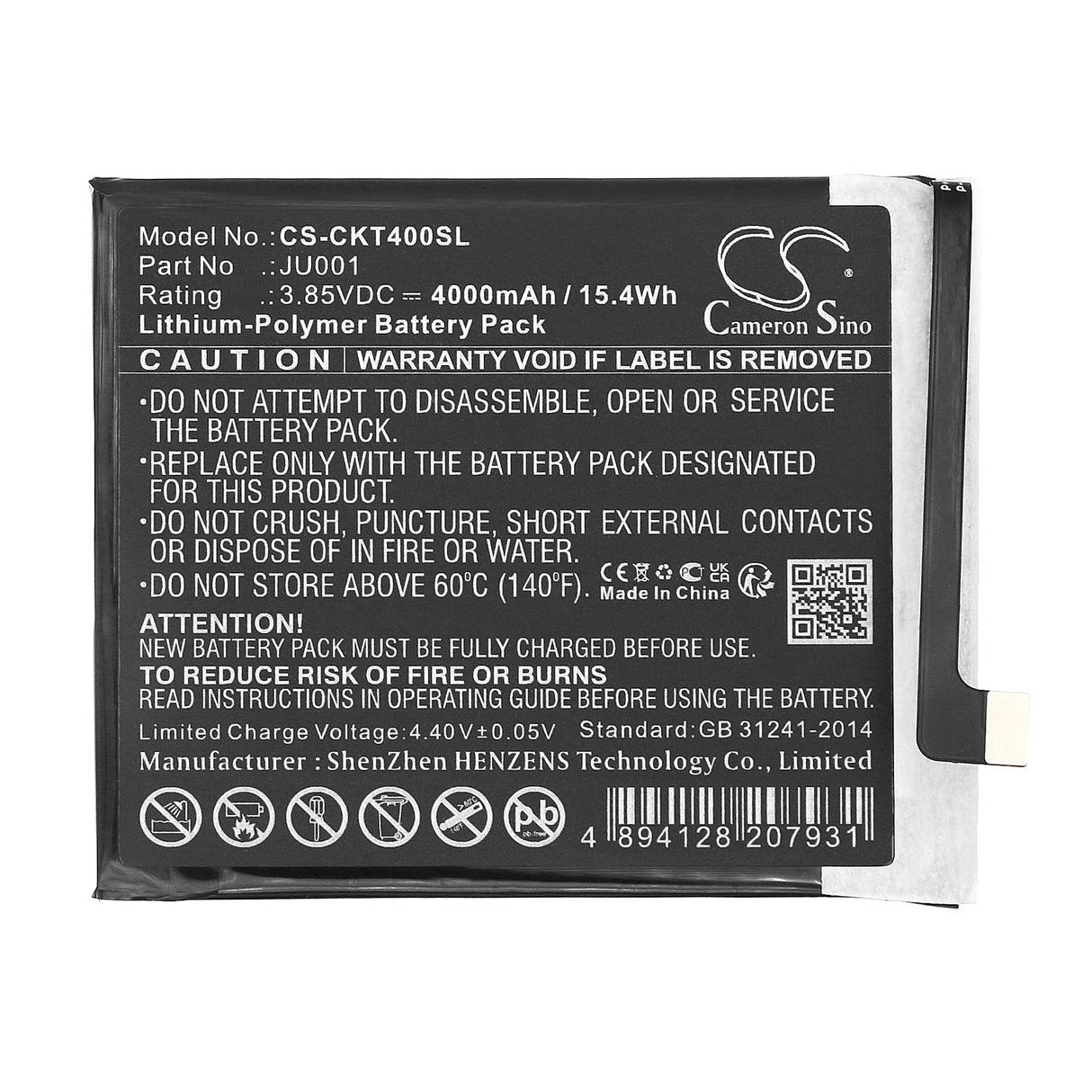 3,85V, Li-Polymère, 4000mAh, batterie de smartphone compatible avec Cricket, T-mobile, Ju001, Icon 4, Wtckt01, 15,4Wh Mobile, Smartphone Cameron Sino Technology Limited (Smartphone)
