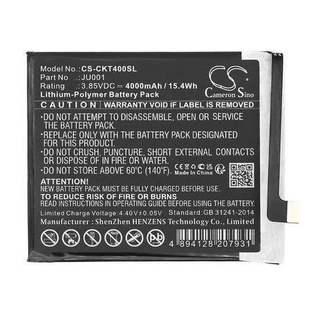 3.85V, Li-Polymer, 4000mAh, SmartPhone battery fits Cricket, T-mobile, Ju001, Icon 4, Wtckt01, 15.4Wh Mobile, SmartPhone Cameron Sino Technology Limited (Smartphone)