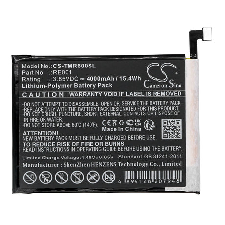 3.85V, Li-Polymer, 4000mAh, SmartPhone battery fits T-mobile, Re001, Revvl 6 5g, Tmaf025g, 15.4Wh Mobile, SmartPhone Cameron Sino Technology Limited (Smartphone)