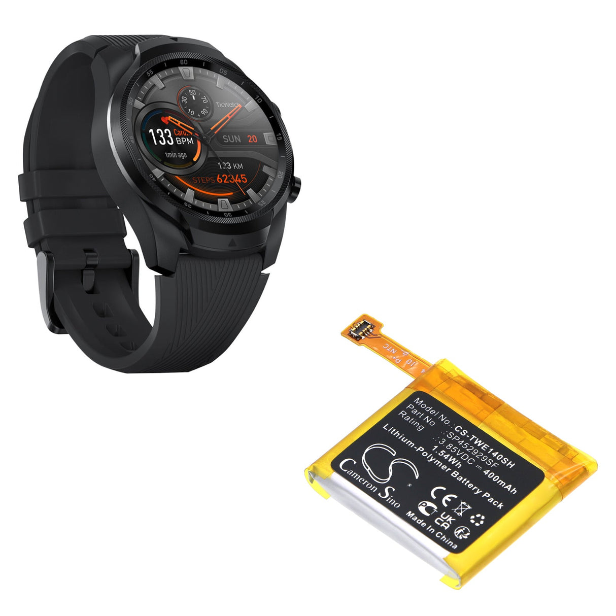 3.85V, Li-Polymer, 400mAh, Smartwatch battery fits Ticwatch, Pro, Pro 4g, 1.54Wh Smartwatch Cameron Sino Technology Limited