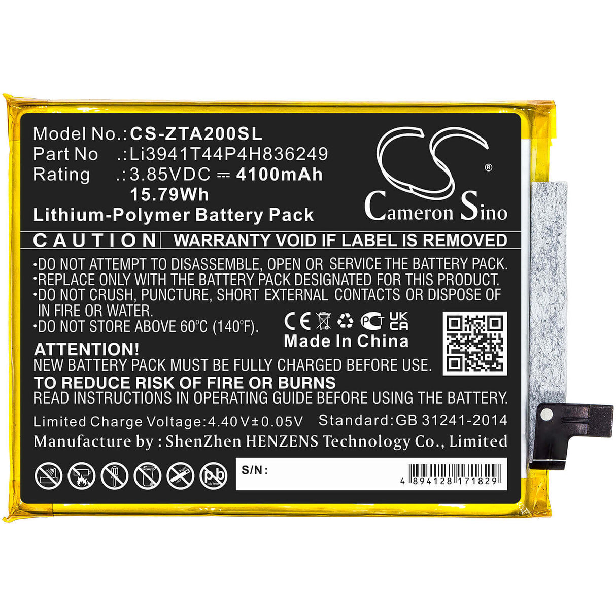 3.85V, Li-Polymer, 4100mAh, SmartPhone battery fits Zte, Li3941t44p4h836249, A2121, A2121g, 15.79Wh Mobile, SmartPhone Cameron Sino Technology Limited (Smartphone)
