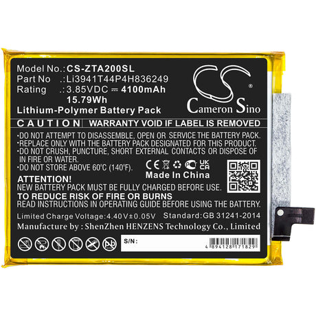 3.85V, Li-Polymer, 4100mAh, SmartPhone battery fits Zte, Li3941t44p4h836249, A2121, A2121g, 15.79Wh Mobile, SmartPhone Cameron Sino Technology Limited (Smartphone)