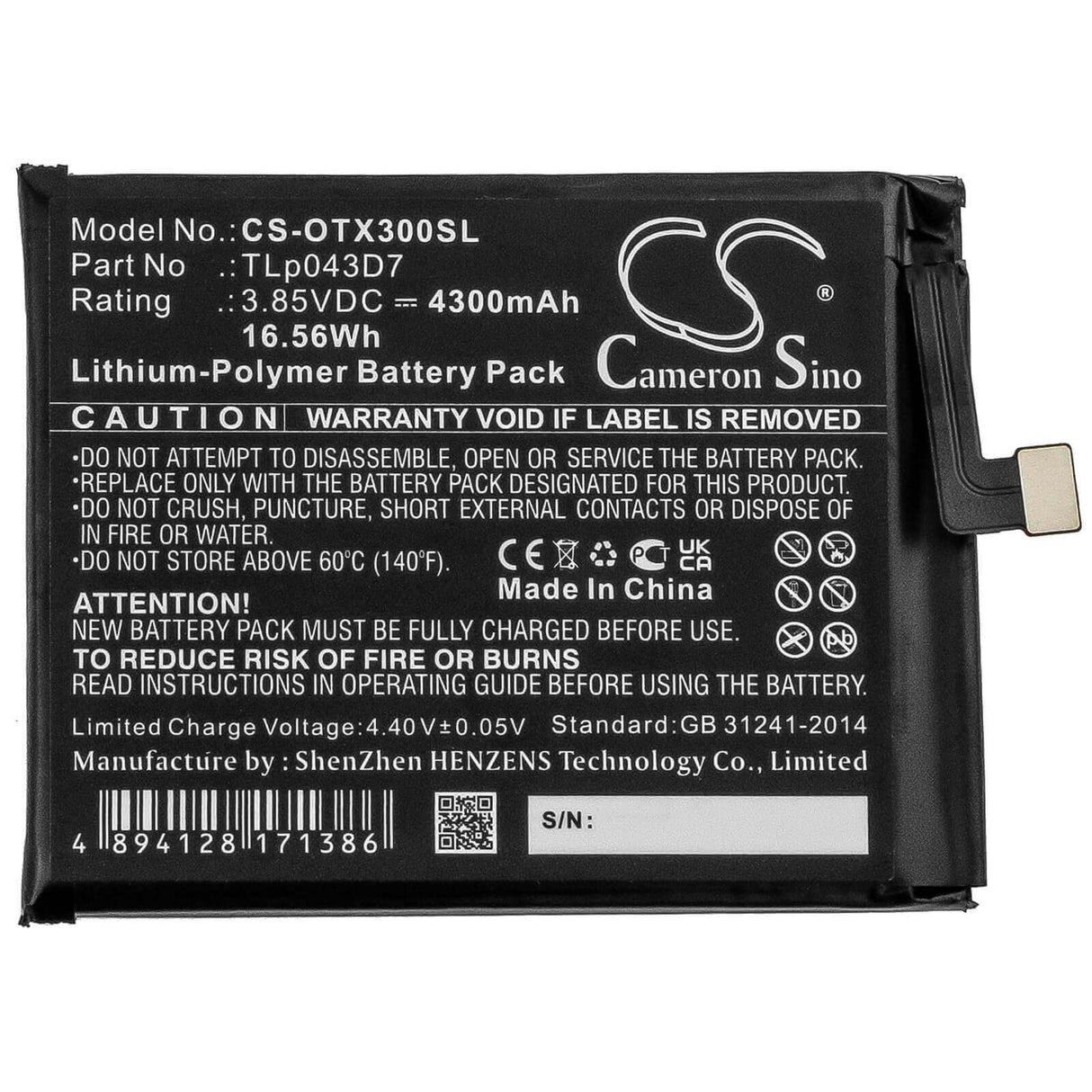 3.85V, Li-Polymer, 4300mAh, SmartPhone battery fits Alcatel, Tlp043d7, 3x, 5x, 16.56Wh Mobile, SmartPhone Cameron Sino Technology Limited (Smartphone)