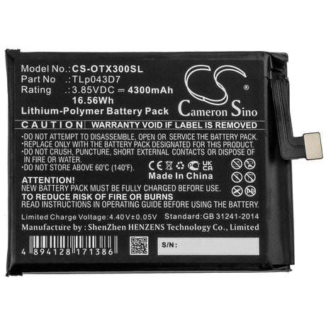 3.85V, Li-Polymer, 4300mAh, SmartPhone battery fits Alcatel, Tlp043d7, 3x, 5x, 16.56Wh Mobile, SmartPhone Cameron Sino Technology Limited (Smartphone)