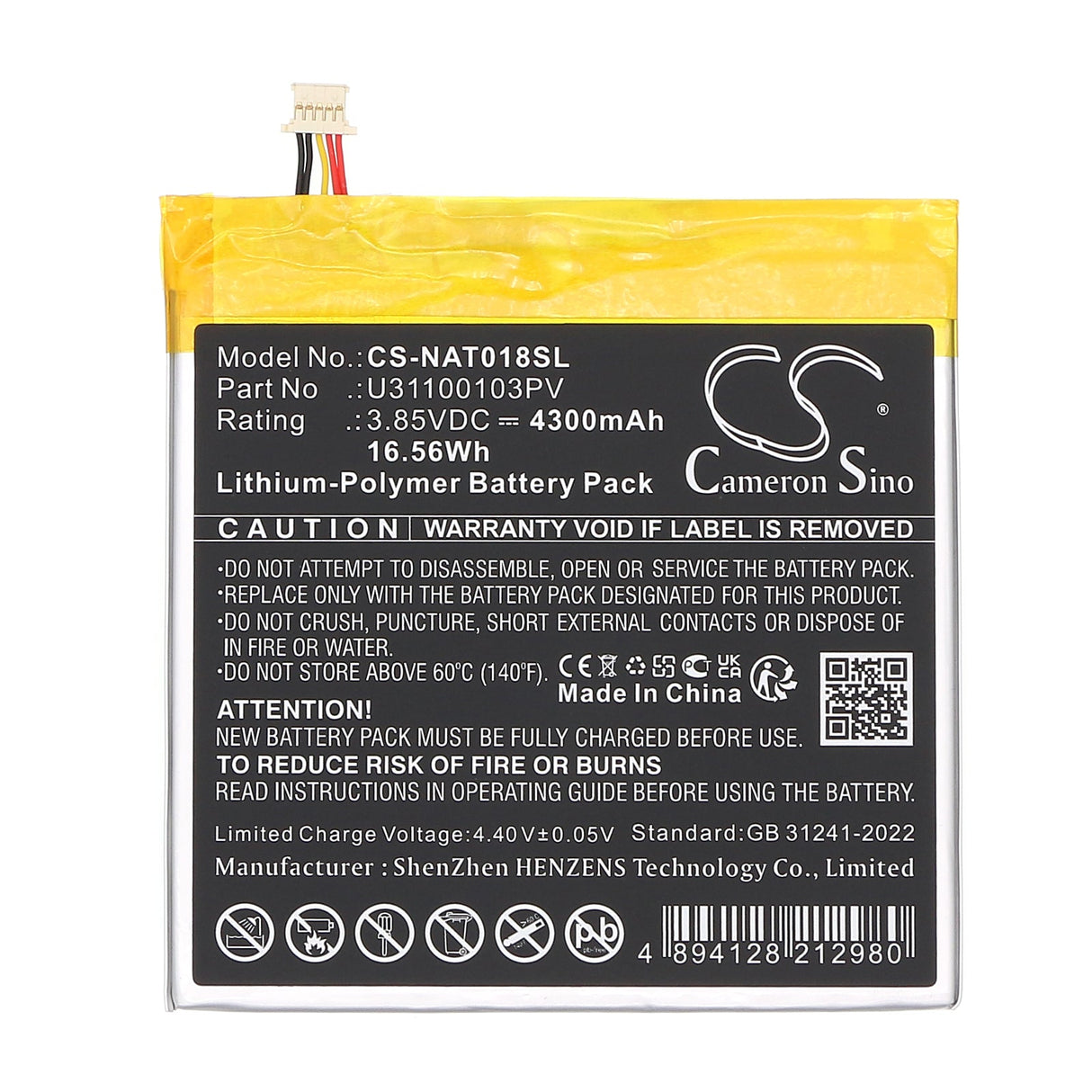 3.85V, Li-Polymer, 4300mAh, Tablet battery fits Onn, U31100103pv, 16.56Wh Tablet Cameron Sino Technology Limited