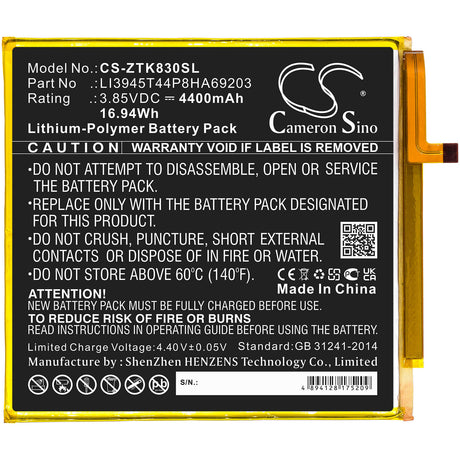 3.85V, Li-Polymer, 4400mAh, Tablet battery fits Zte, Li3945t44p8ha69203, Grand X View 2, K83, 16.94Wh Tablet Cameron Sino Technology Limited