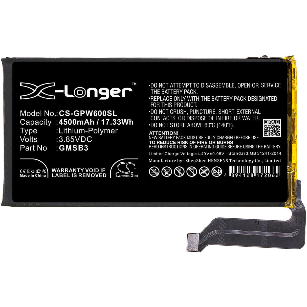 3.85V, Li-Polymer, 4500mAh, SmartPhone battery fits Google, Gmsb3, G9s9b, Gb7n6, 17.33Wh Mobile, SmartPhone Cameron Sino Technology Limited (Smartphone)