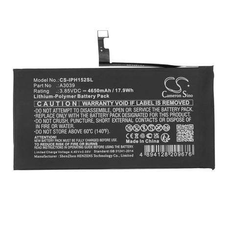 3.85V, Li-Polymer, 4650mAh, SmartPhone battery fits Apple, A3039, Iphone 15 Plus, 17.9Wh Mobile, SmartPhone Cameron Sino Technology Limited (Smartphone)