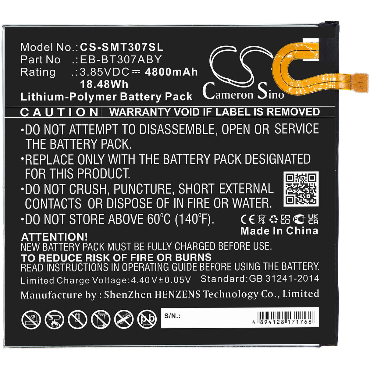 3.85V, Li-Polymer, 4800mAh, Tablet battery fits Samsung, Eb-bt307aby, Galaxy Tab A 8.4 2020, Sm-t307u, 18.48Wh Tablet Cameron Sino Technology Limited