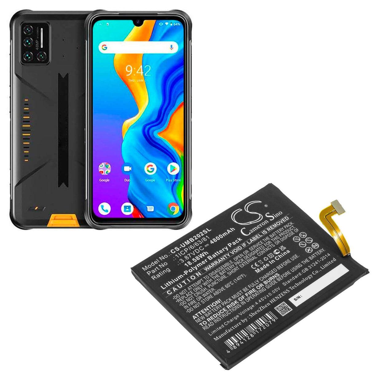3.87V, Li-Polymer, 4800mAh, SmartPhone battery fits Umi, 1icp/6/63/81, 2021, Umidigi Bison, 18.58Wh Mobile, SmartPhone Cameron Sino Technology Limited (Smartphone)