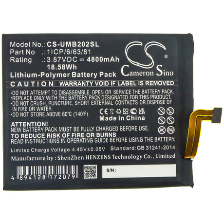 3.87V, Li-Polymer, 4800mAh, SmartPhone battery fits Umi, 1icp/6/63/81, 2021, Umidigi Bison, 18.58Wh Mobile, SmartPhone Cameron Sino Technology Limited (Smartphone)