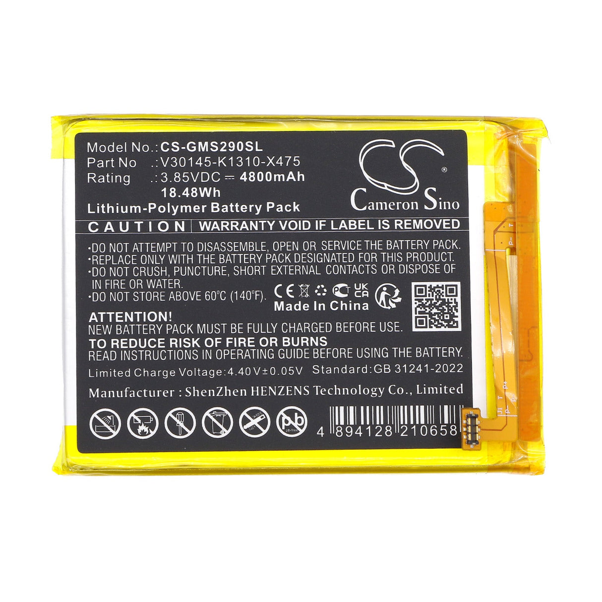 3.85V, Li-Polymer, 4800mAh, SmartPhone battery fits Gigaset, V30145-k1310-x475, Gs290, 18.48Wh Mobile, SmartPhone Cameron Sino Technology Limited (Smartphone)