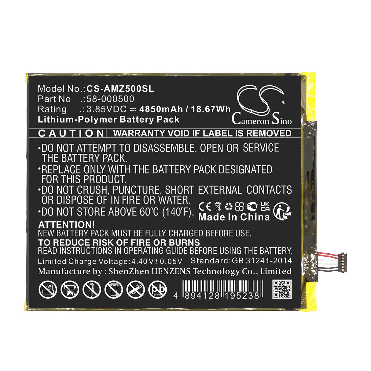 3.85V, Li-Polymer, 4850mAh, Tablet battery fits Amazon, 58-000500, Amztdc5, 18.67Wh Tablet Cameron Sino Technology Limited