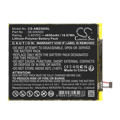 3.85V, Li-Polymer, 4850mAh, Tablet battery fits Amazon, 58-000500, Amztdc5, 18.67Wh Tablet Cameron Sino Technology Limited