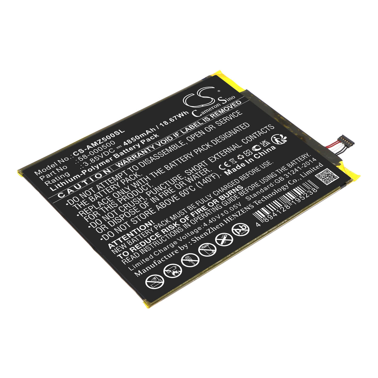 3.85V, Li-Polymer, 4850mAh, Tablet battery fits Amazon, 58-000500, Amztdc5, 18.67Wh Tablet Cameron Sino Technology Limited
