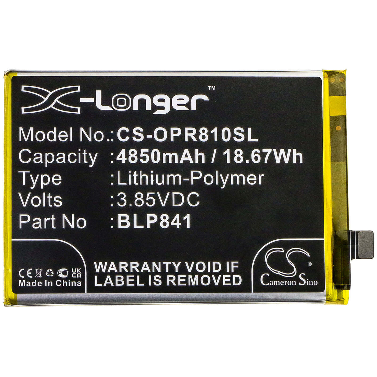 3.85V, Li-Polymer, 4850mAh, SmartPhone battery fits Oppo, Blp841, Realme 8, Realme Q3, 18.67Wh Mobile, SmartPhone Cameron Sino Technology Limited (Smartphone)