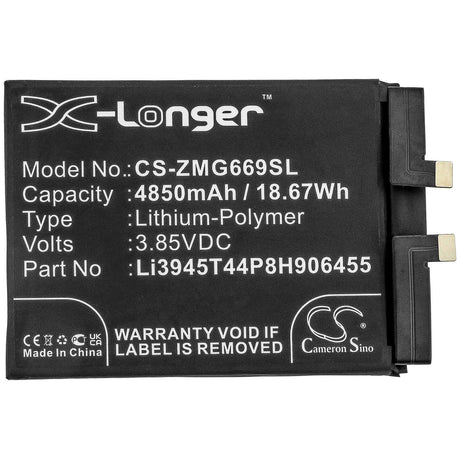 3.85V, Li-Polymer, 4850mAh, SmartPhone battery fits Zte, Li3945t44p8h906455, Nubia Red Magic 6, Nx669j, 18.67Wh Mobile, SmartPhone Cameron Sino Technology Limited (Smartphone)