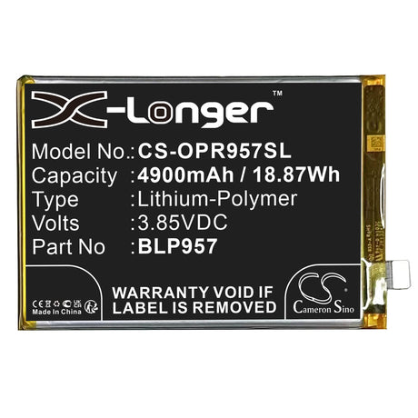 3.87V, Li-Polymer, 4900mAh, SmartPhone battery fits Oppo, Blp957, Realme 10 5g, Rmx3630, 18.96Wh Mobile, SmartPhone Cameron Sino Technology Limited (Smartphone)