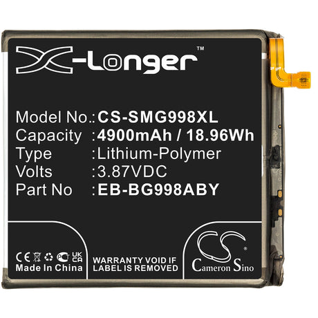 3.87V, Li-Polymer, 4900mAh, SmartPhone battery fits Samsung, Eb-bg998aby, Galaxy S21 Ultra, Galaxy S21 Ultra 5g, 18.96Wh Mobile, SmartPhone Cameron Sino Technology Limited (Smartphone)