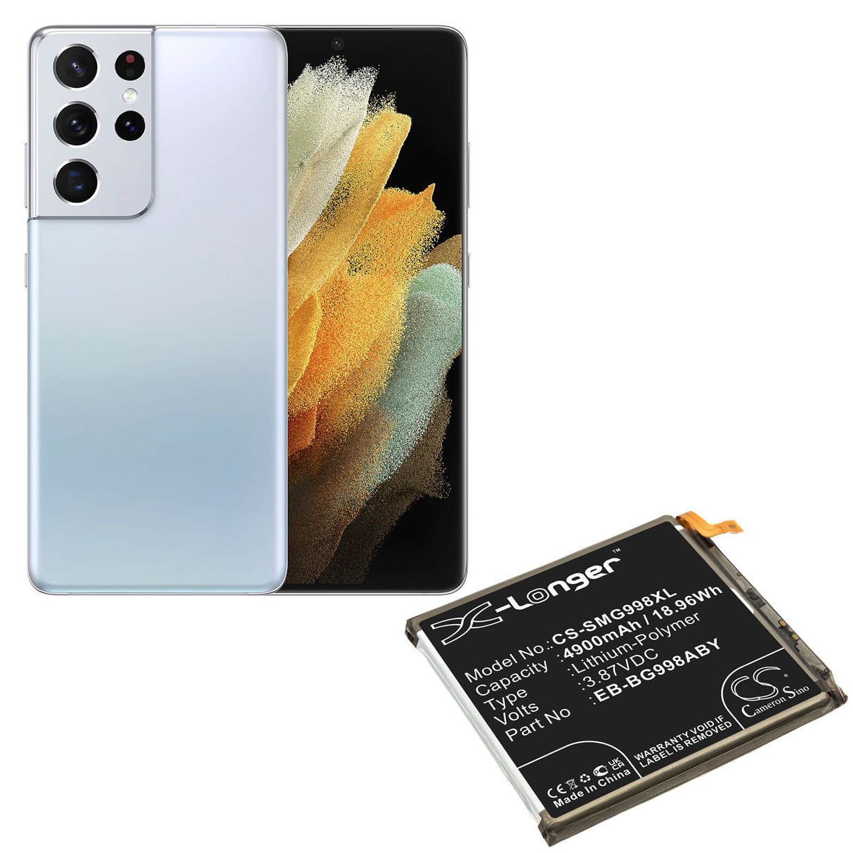 3.87V, Li-Polymer, 4900mAh, SmartPhone battery fits Samsung, Eb-bg998aby, Galaxy S21 Ultra, Galaxy S21 Ultra 5g, 18.96Wh Mobile, SmartPhone Cameron Sino Technology Limited (Smartphone)
