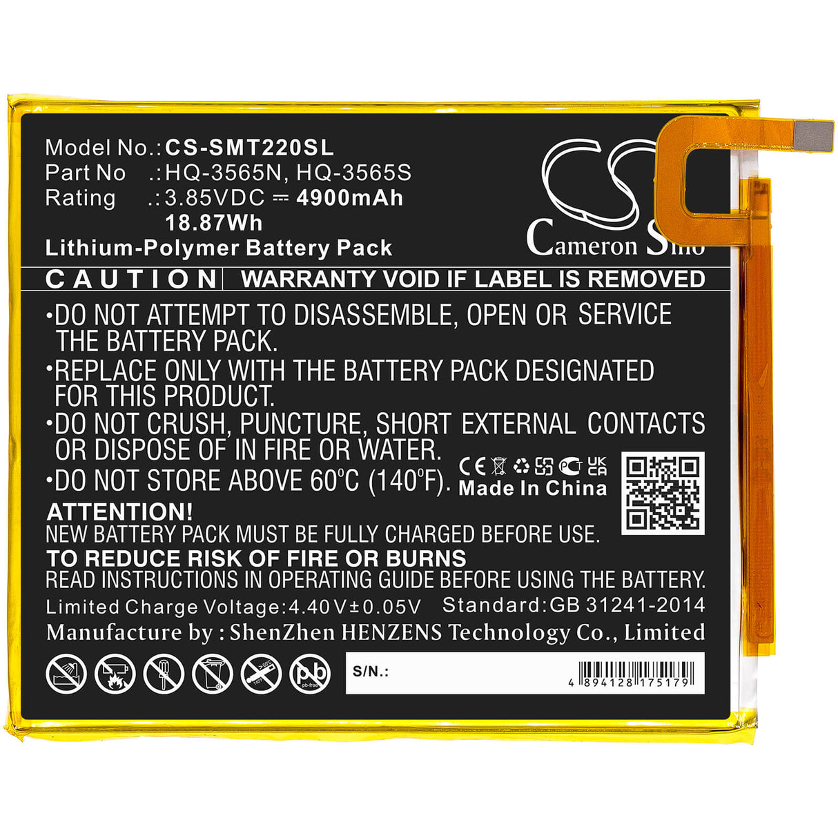 3.85v, Li-polymer, 4900mah, Tablet Battery Fits Samsung, Galaxy Tab A7 Lite, Galaxy Tab A7 Lite 8.7 2021, 18.87wh Tablet Cameron Sino Technology Limited
