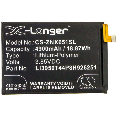 3.85V, Li-Polymer, 4900mAh, SmartPhone battery fits Zte, Li3950t44p8h926251, Nubia Play, Nubia Play 5g, 18.87Wh Mobile, SmartPhone Cameron Sino Technology Limited (Smartphone)
