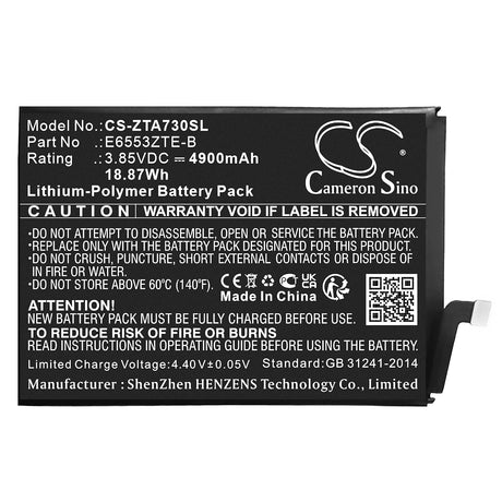 3.85V, Li-Polymer, 4900mAh, SmartPhone battery fits Zte, E6553zte-b, Blade A73 4g, 18.87Wh Mobile, SmartPhone Cameron Sino Technology Limited (Smartphone)