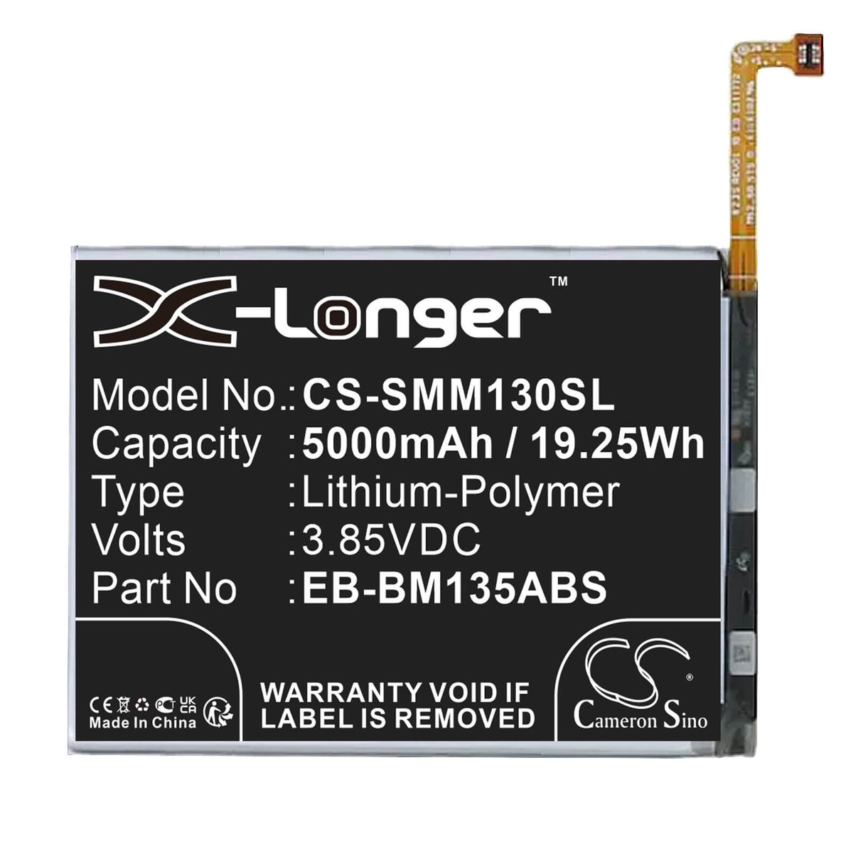3.88V, Li-Polymer, 5000mAh, SmartPhone battery fits Samsung, Eb-bm135abs, Galaxy M13, Galaxy M13 5g 2022, 19.4Wh Mobile, SmartPhone Cameron Sino Technology Limited (Smartphone)