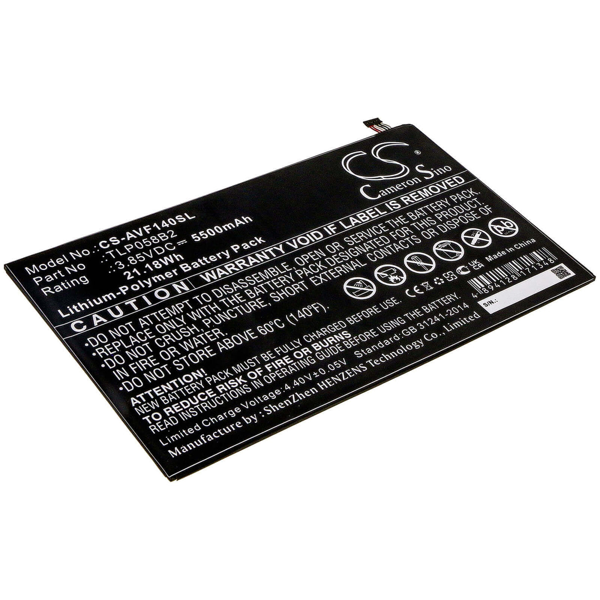 3.85V, Li-Polymer, 5500mAh, Tablet battery fits Vodafone, Tlp058b2, Tab Prime 7, Vfd-1400, 21.18Wh Tablet Cameron Sino Technology Limited
