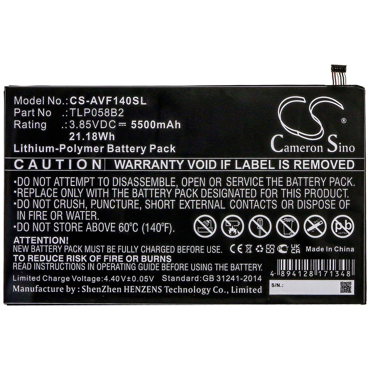 3.85V, Li-Polymer, 5500mAh, Tablet battery fits Vodafone, Tlp058b2, Tab Prime 7, Vfd-1400, 21.18Wh Tablet Cameron Sino Technology Limited