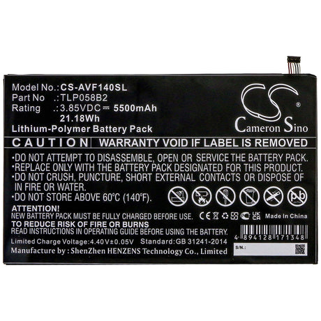 3.85V, Li-Polymer, 5500mAh, Tablet battery fits Vodafone, Tlp058b2, Tab Prime 7, Vfd-1400, 21.18Wh Tablet Cameron Sino Technology Limited