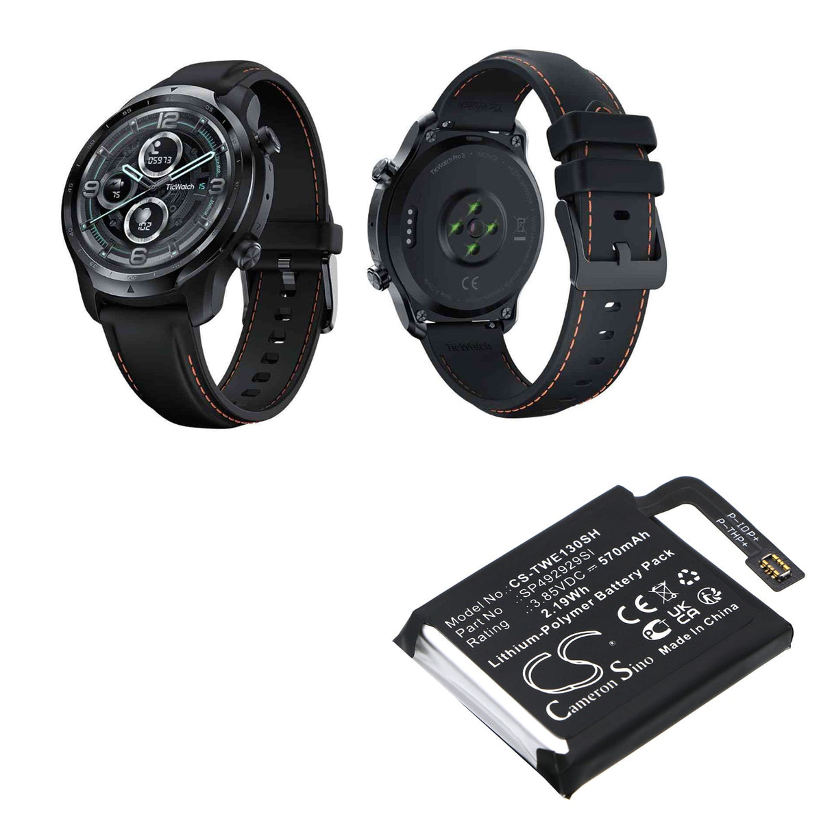 3.85V, Li-Polymer, 570mAh, Smartwatch battery fits Ticwatch, Pro 3, 2.19Wh Smartwatch Cameron Sino Technology Limited